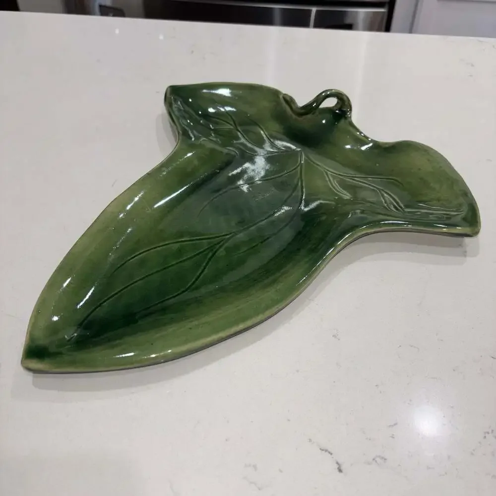 Vintage MCM Studio Pottery Green Ceramic Leaf Serving Tray